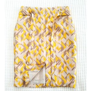 ETCETERA yellow abstract high-waisted front slit tie waist pencil skirt 8